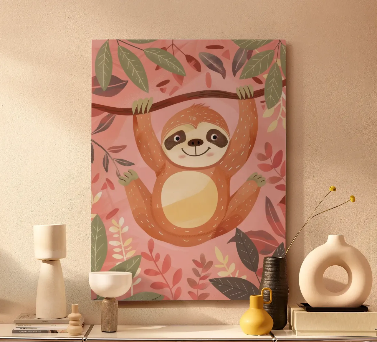 Bradipo appeso a un ramo in un ambiente tropicale con colore alluminio dibond da DesignDoodle