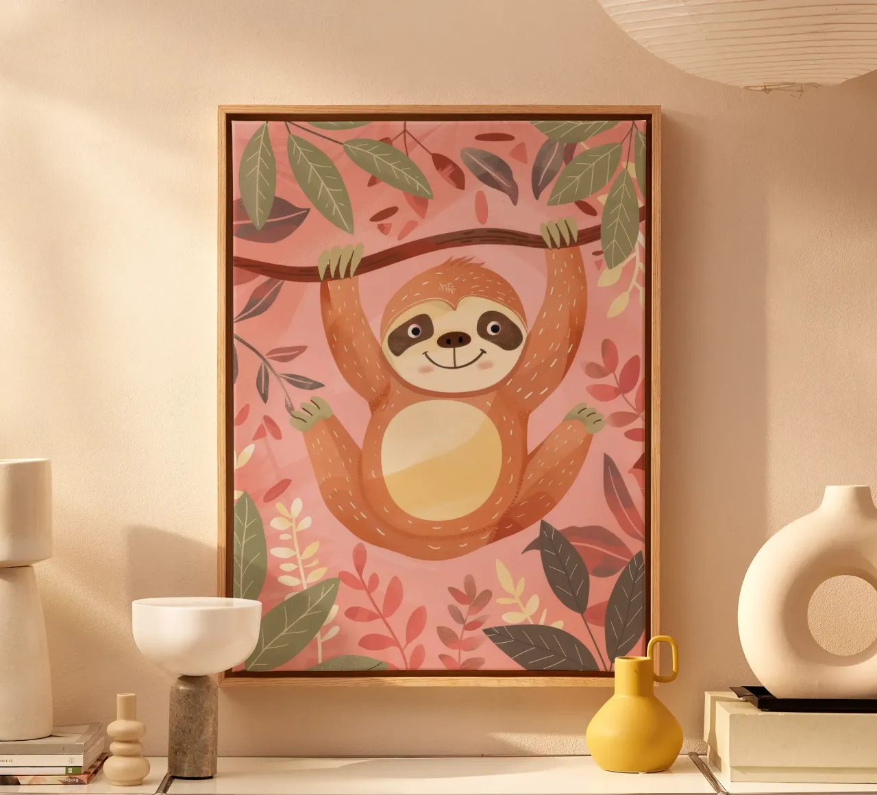 Sloth hanging from a branch in a tropical setting with color canvas by DesignDoodle
