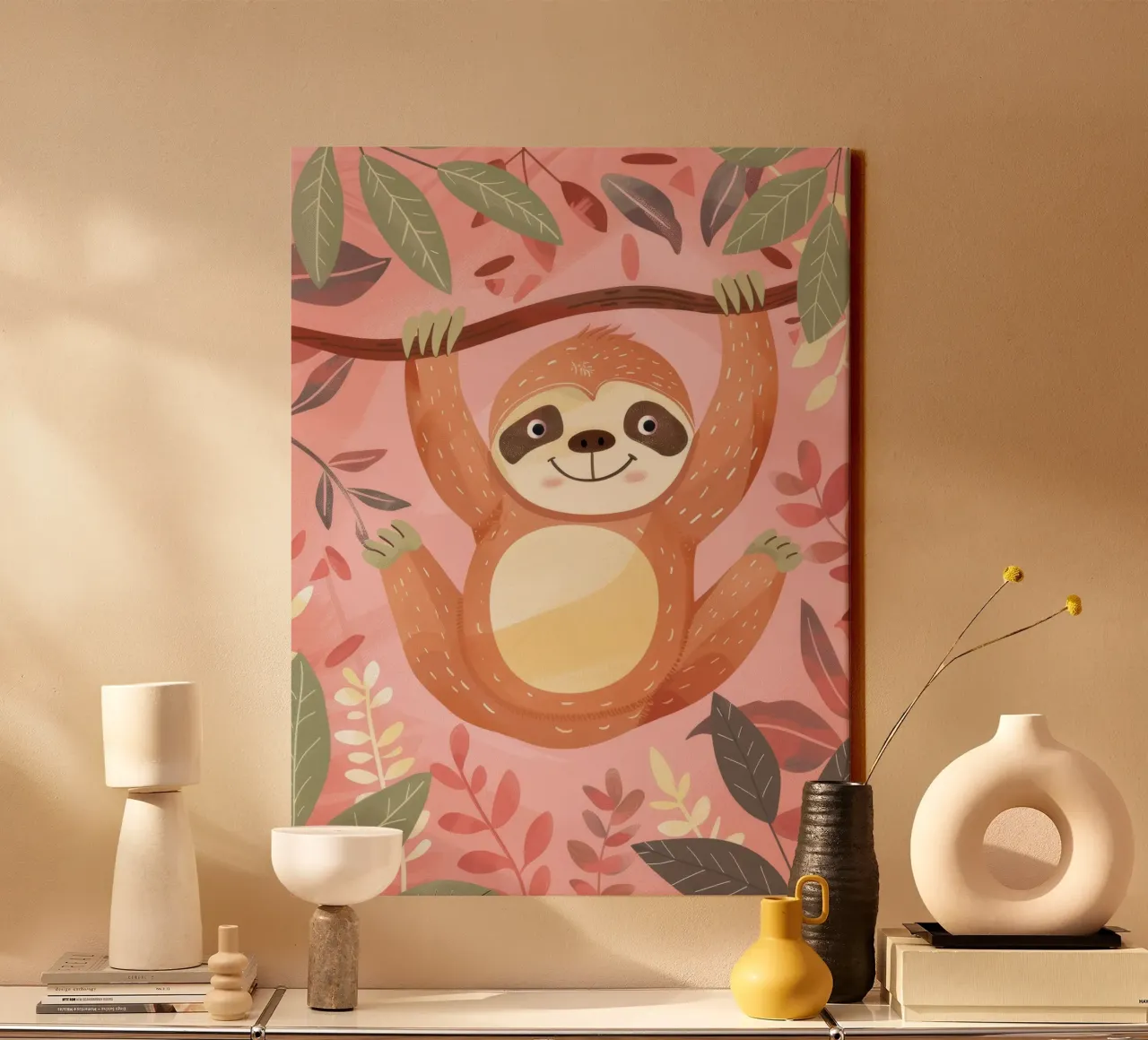 Sloth hanging from a branch in a tropical setting with color canvas by DesignDoodle