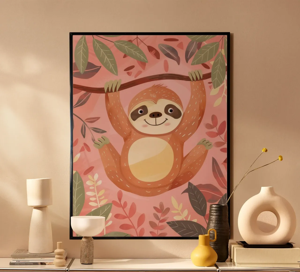 Sloth hanging from a branch in a tropical setting with color poster by DesignDoodle