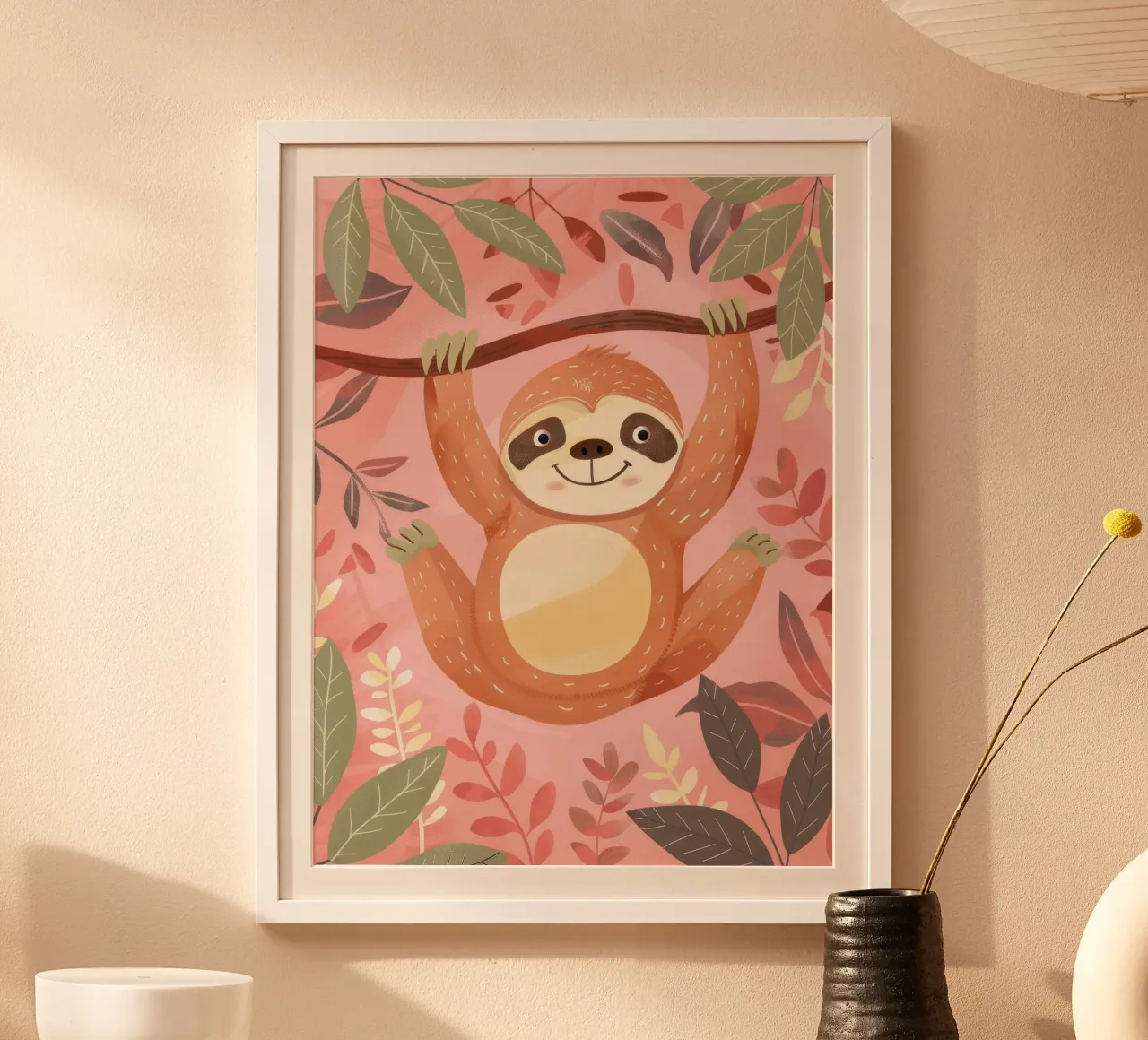 Sloth hanging from a branch in a tropical setting with color poster by DesignDoodle