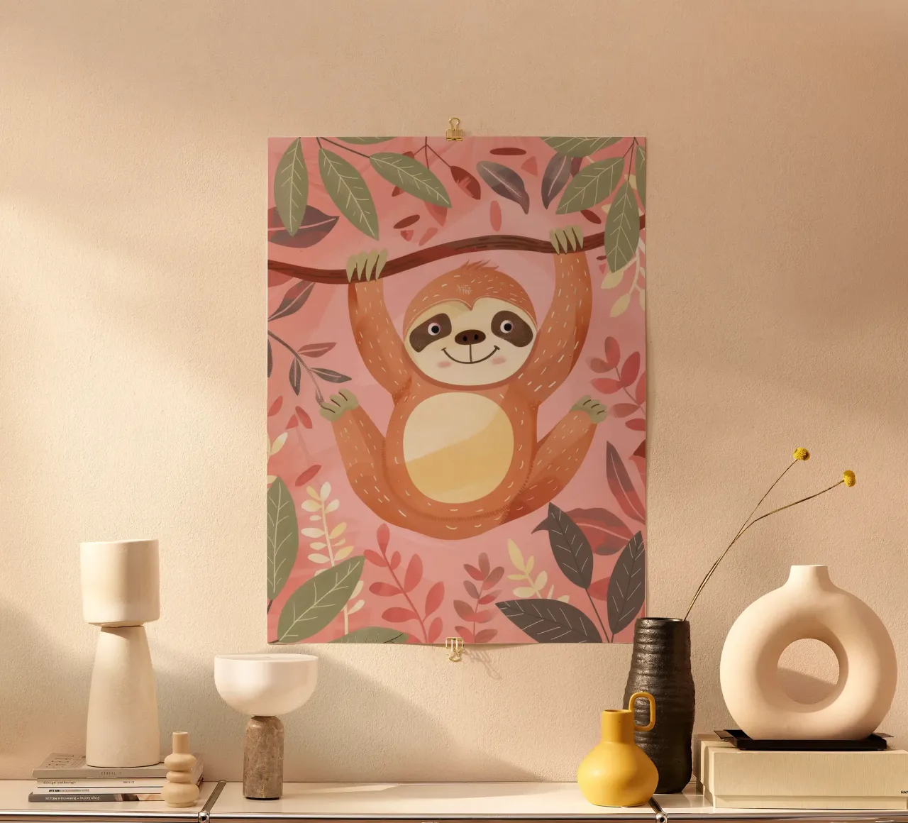 Sloth hanging from a branch in a tropical setting with color poster by DesignDoodle