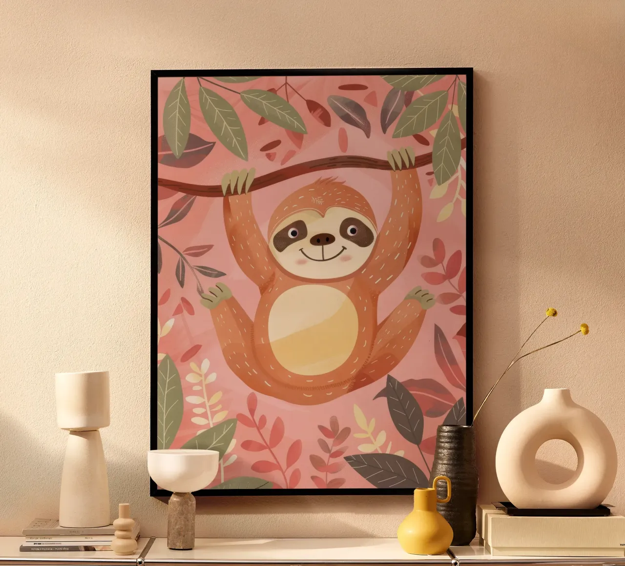 Sloth hanging from a branch in a tropical setting with color poster by DesignDoodle