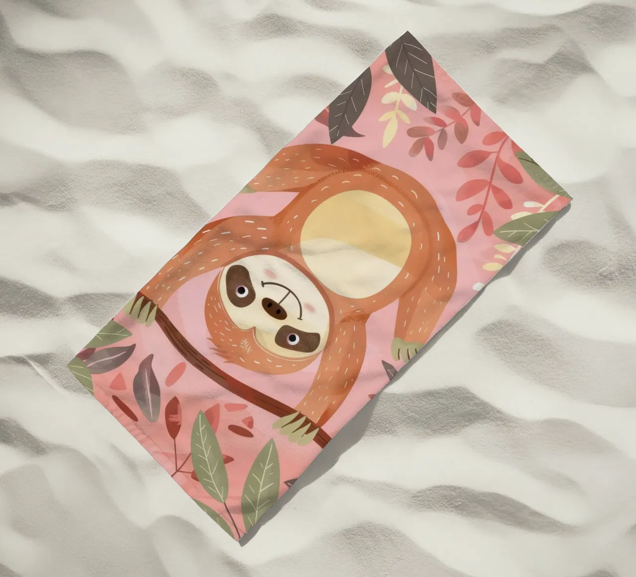 Sloth hanging from a branch in a tropical setting with color beach towel by DesignDoodle
