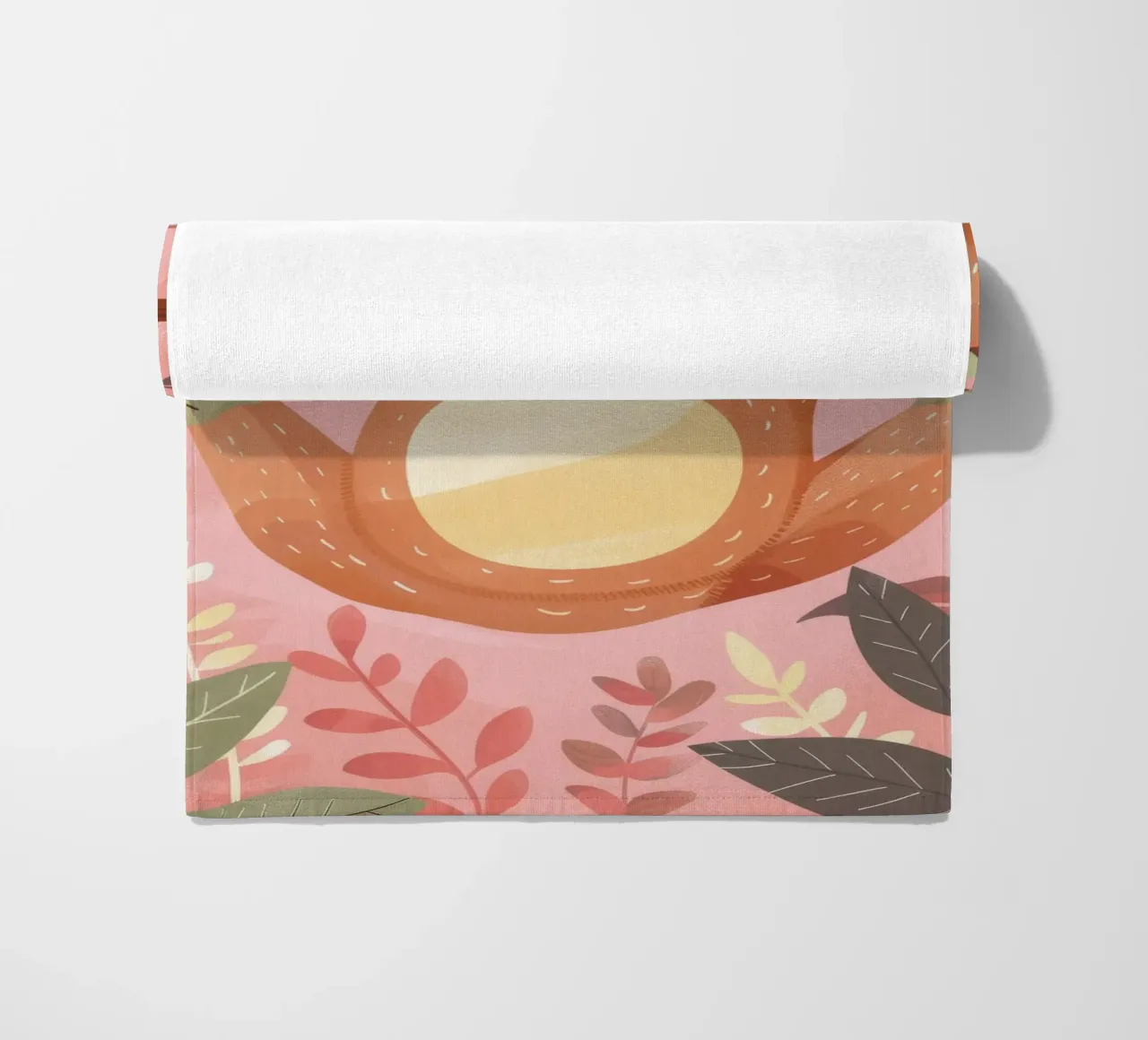 Sloth hanging from a branch in a tropical setting with color beach towel by DesignDoodle