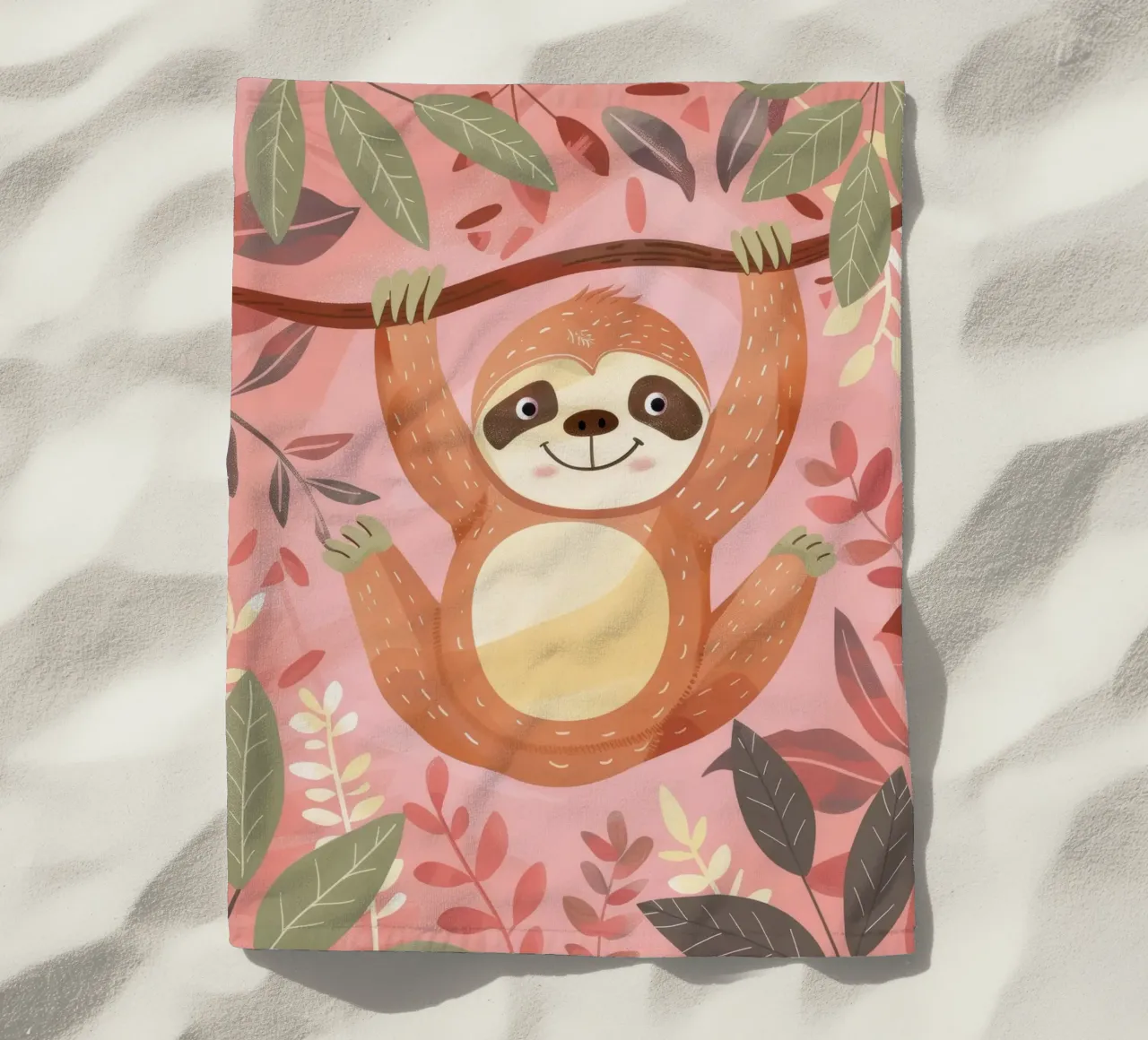 Sloth hanging from a branch in a tropical setting with color beach towel by DesignDoodle