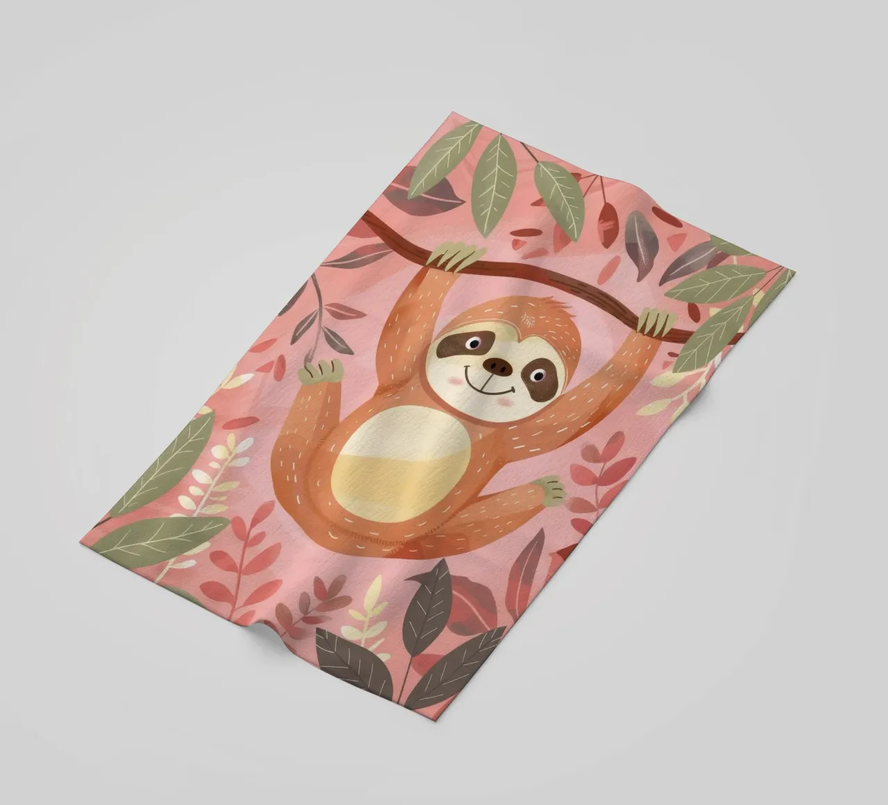 Sloth hanging from a branch in a tropical setting with color beach towel by DesignDoodle