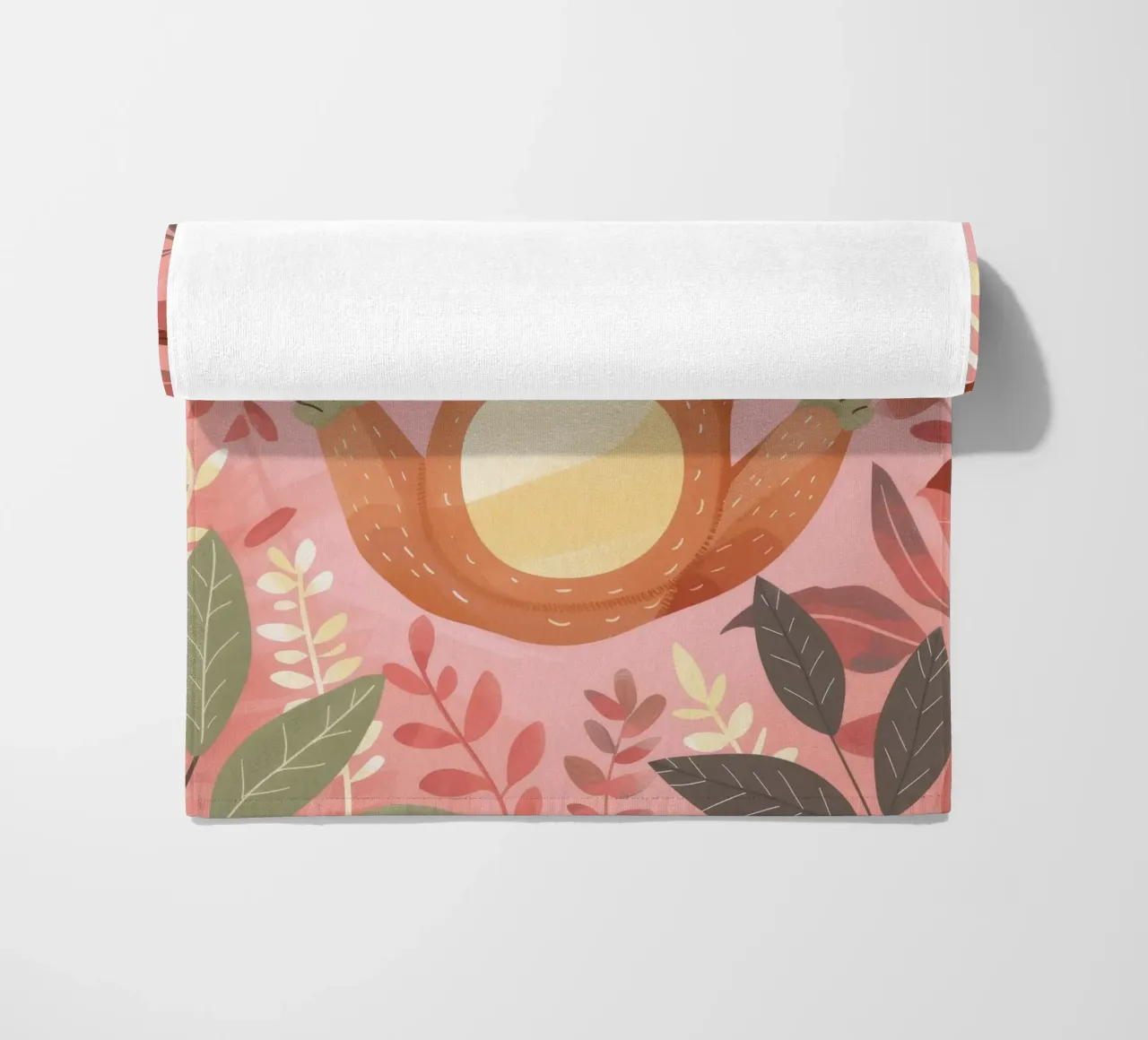 Sloth hanging from a branch in a tropical setting with color beach towel by DesignDoodle