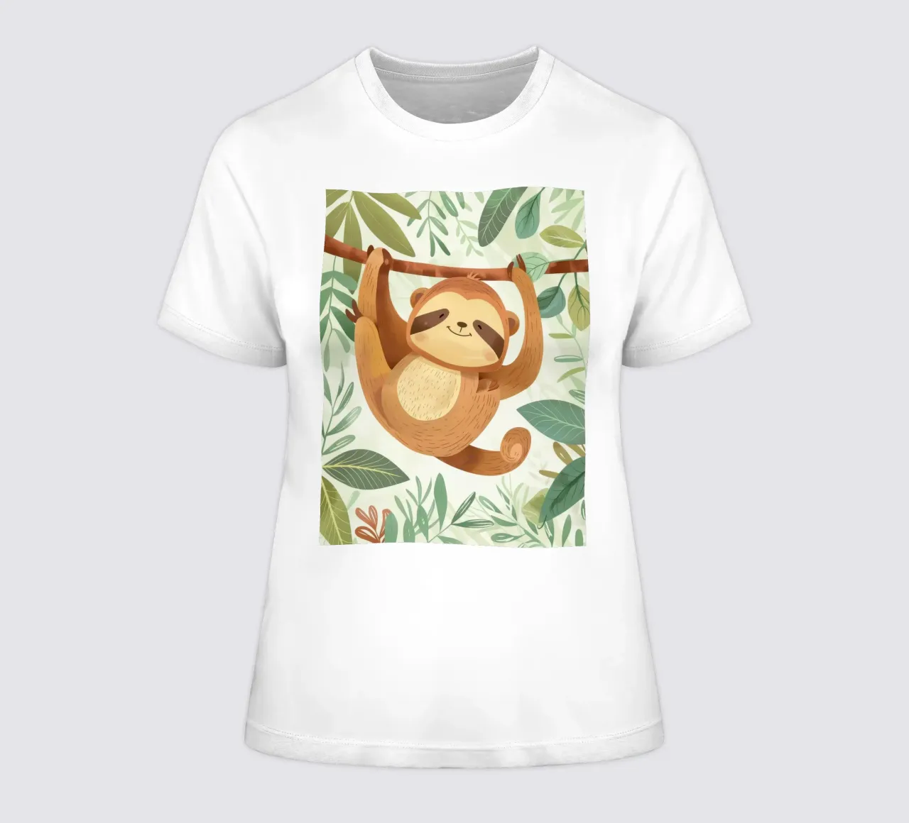 Bradipo allegro appeso al ramo di un albero in una lussureggiante area tropicale t-shirt da donna da DesignDoodle