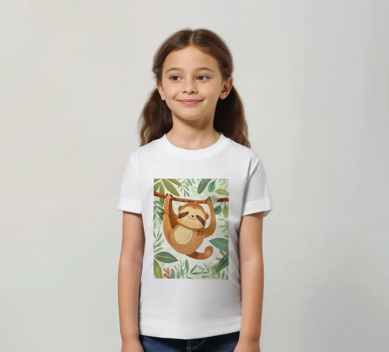 Bradipo allegro appeso al ramo di un albero in una lussureggiante area tropicale t-shirt bambini da DesignDoodle