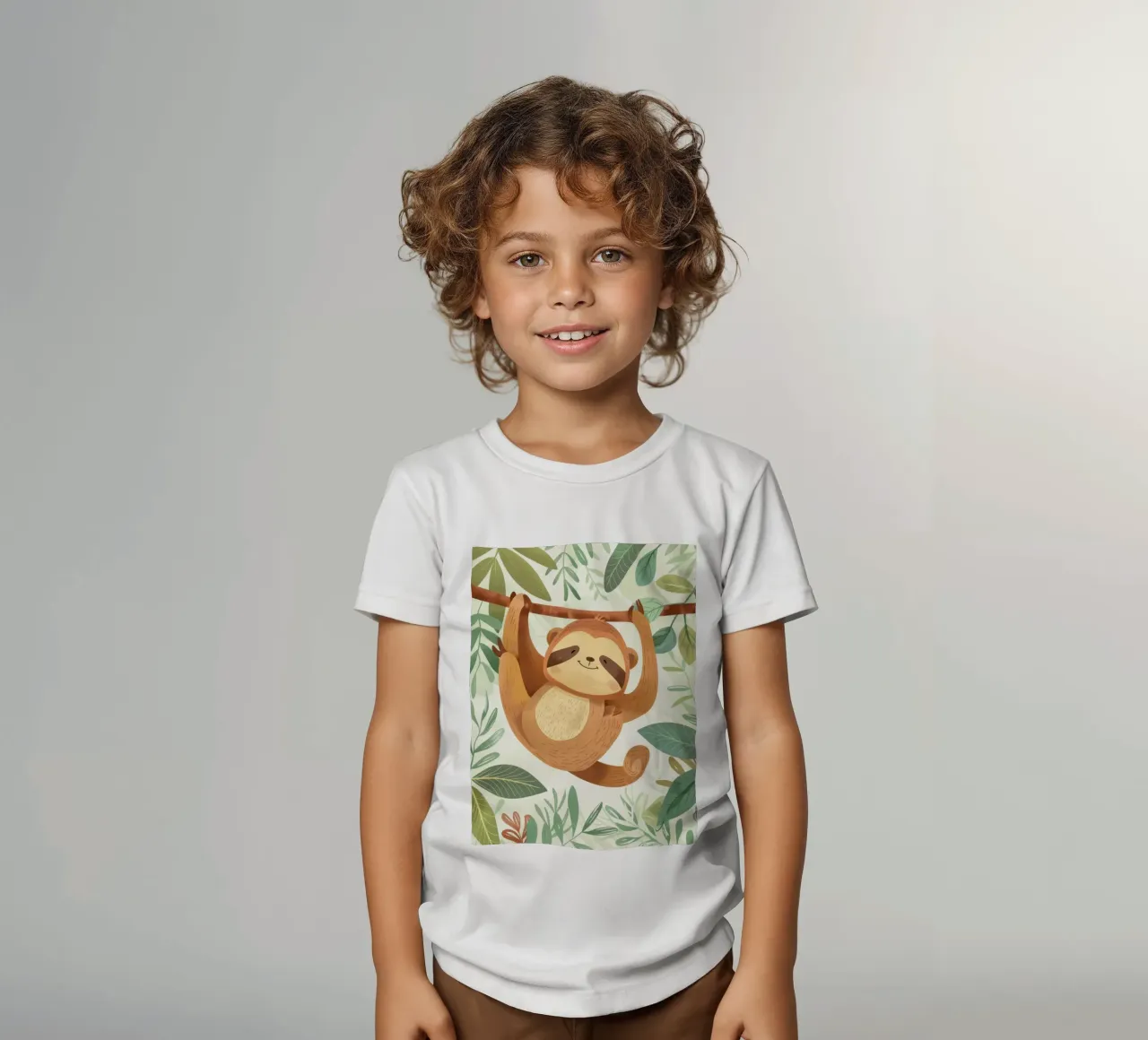 Bradipo allegro appeso al ramo di un albero in una lussureggiante area tropicale t-shirt bambini da DesignDoodle