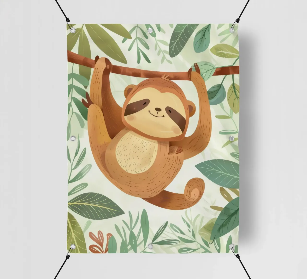 Bradipo allegro appeso al ramo di un albero in una lussureggiante area tropicale telo in pvc da DesignDoodle