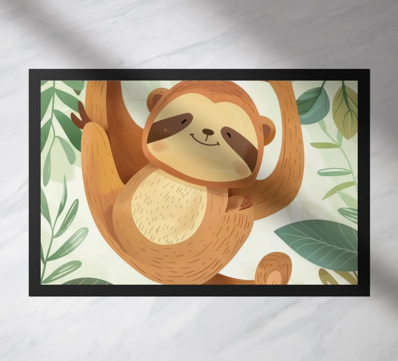 Bradipo allegro appeso al ramo di un albero in una lussureggiante area tropicale zerbino da DesignDoodle