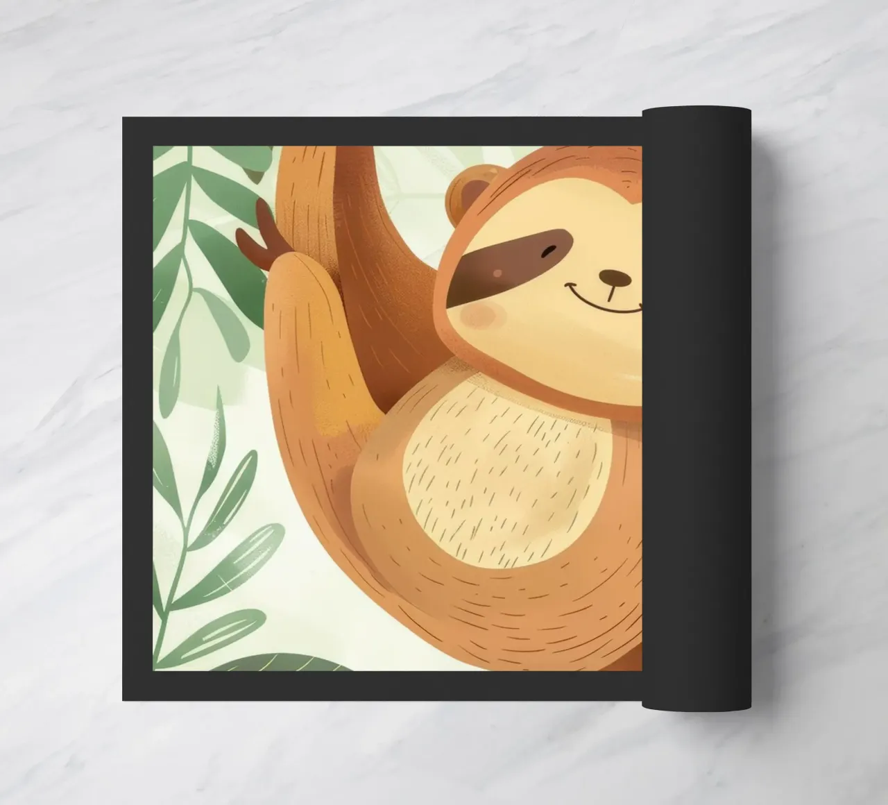 Bradipo allegro appeso al ramo di un albero in una lussureggiante area tropicale zerbino da DesignDoodle