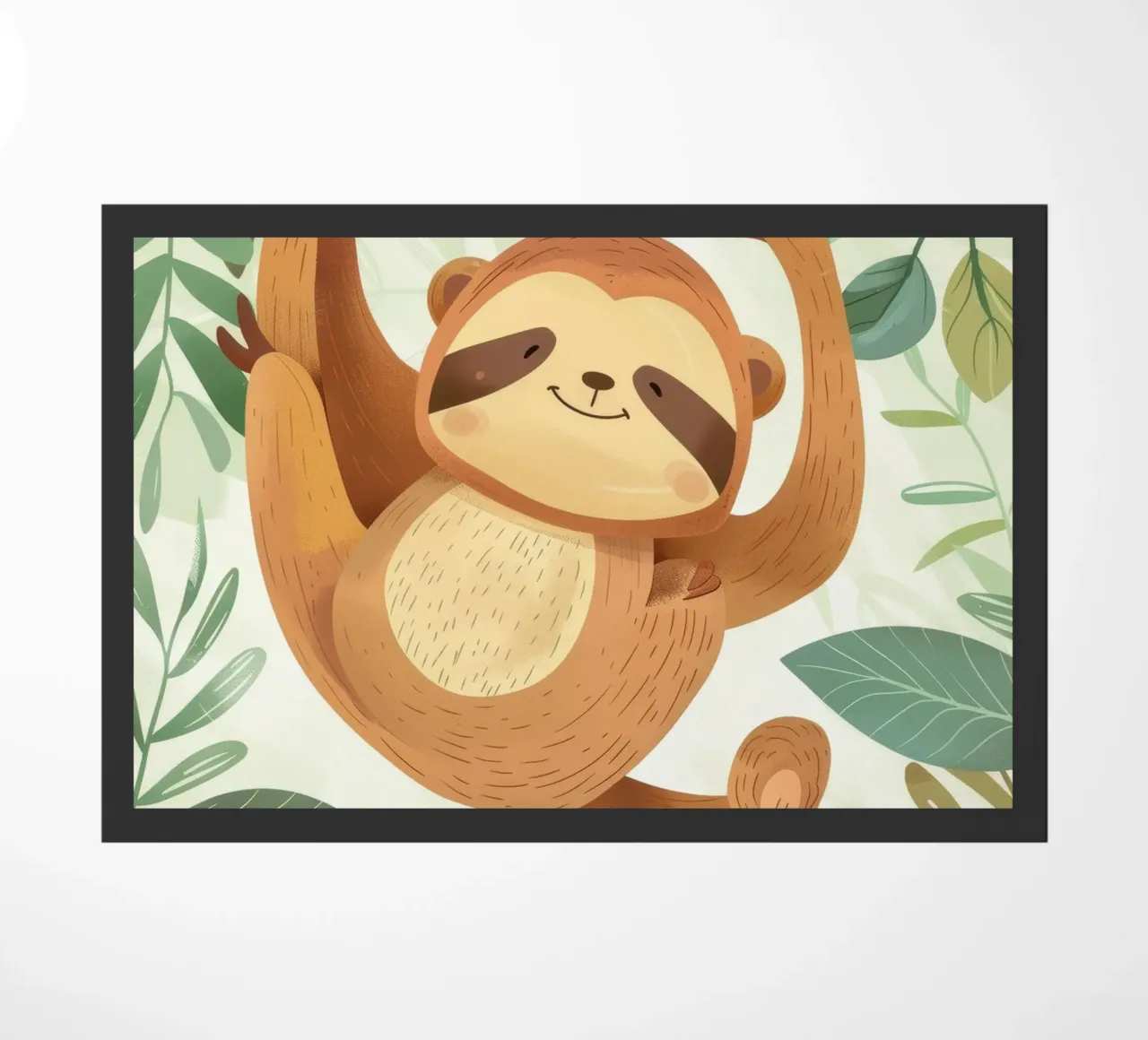 Bradipo allegro appeso al ramo di un albero in una lussureggiante area tropicale zerbino da DesignDoodle