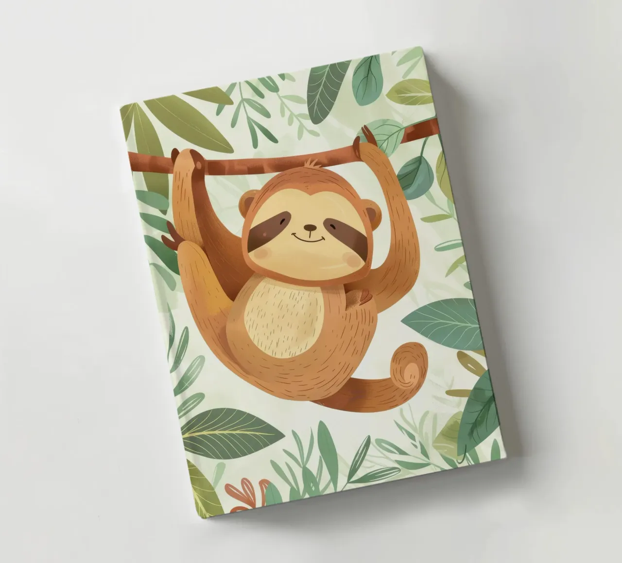 Cheerful sloth hanging from a tree branch in a lush tropical notebook by DesignDoodle