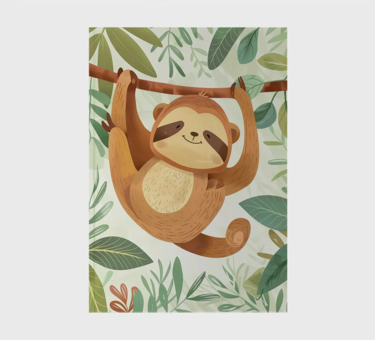 Cheerful sloth hanging from a tree branch in a lush tropical notebook by DesignDoodle