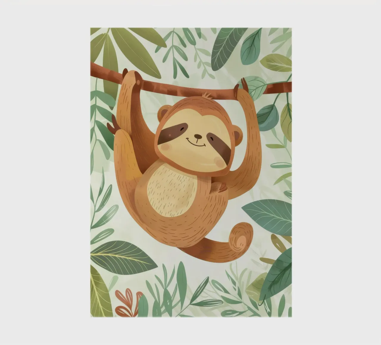 Cheerful sloth hanging from a tree branch in a lush tropical notebook by DesignDoodle