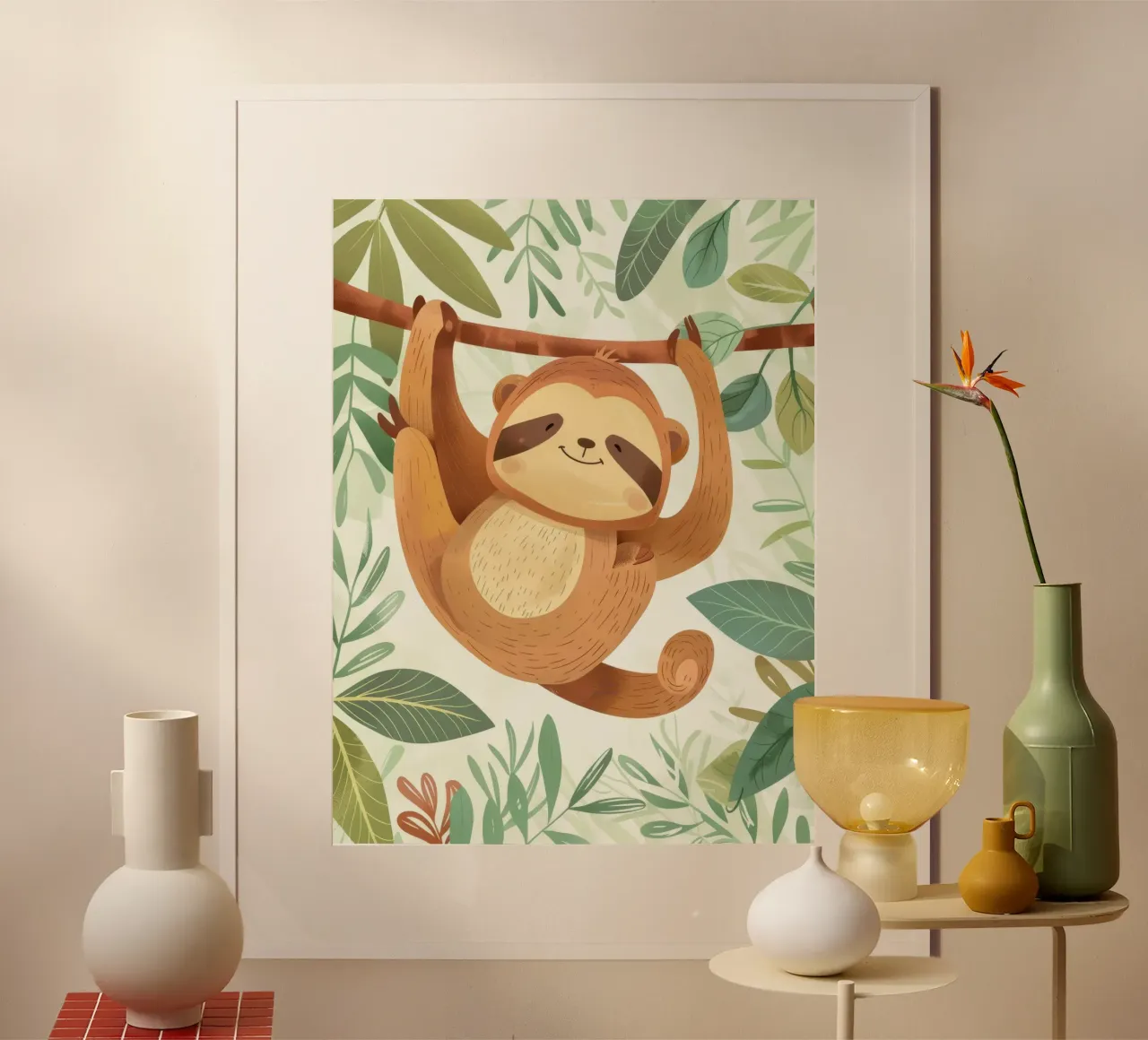 Paresseux joyeux suspendu à une branche d'arbre dans une forêt tropicale luxuriante. poster avec cadre en bois de DesignDoodle