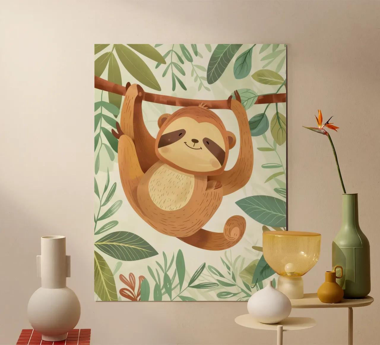 Paresseux joyeux suspendu à une branche d'arbre dans une forêt tropicale luxuriante. poster avec cadre en bois de DesignDoodle