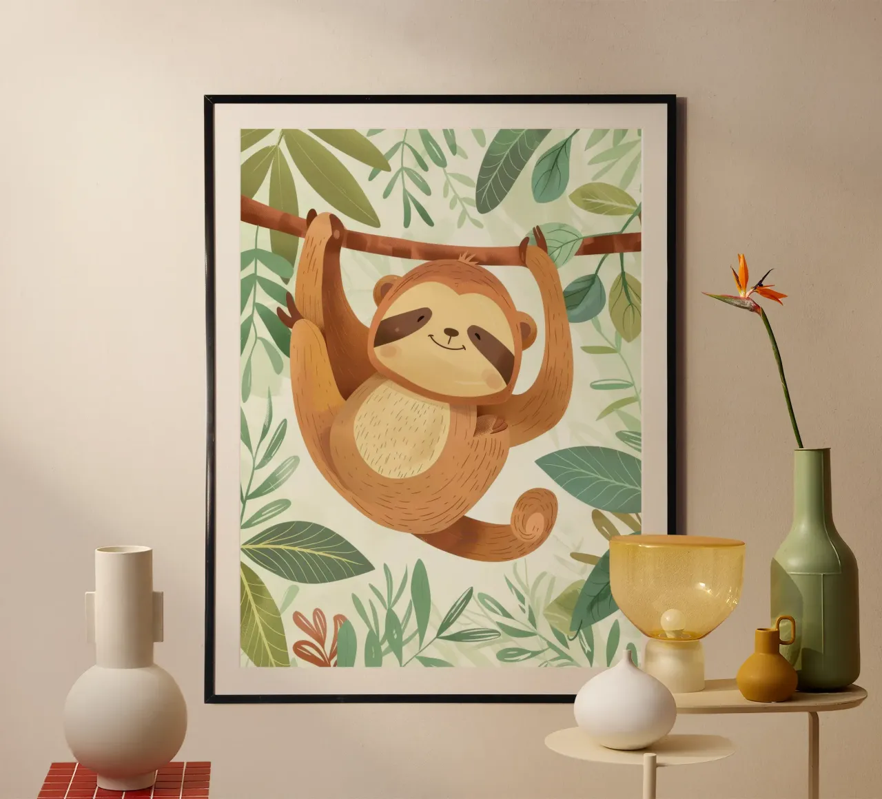Paresseux joyeux suspendu à une branche d'arbre dans une forêt tropicale luxuriante. poster avec cadre en bois de DesignDoodle