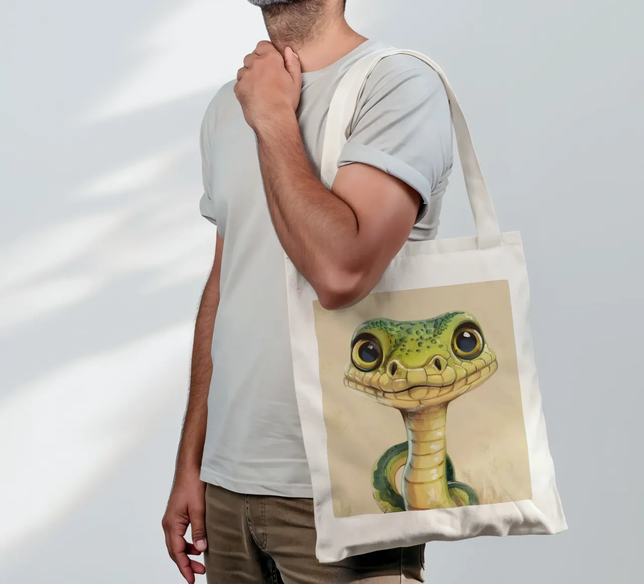 Snake with large eyes on a soft background tote bag by DesignDoodle