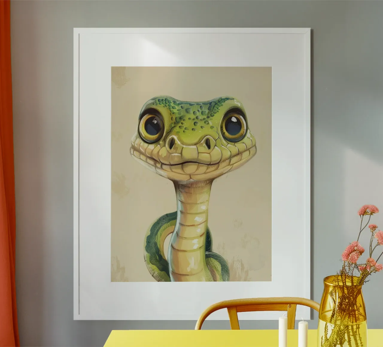 Snake with large eyes on a soft background hahnemühle by DesignDoodle