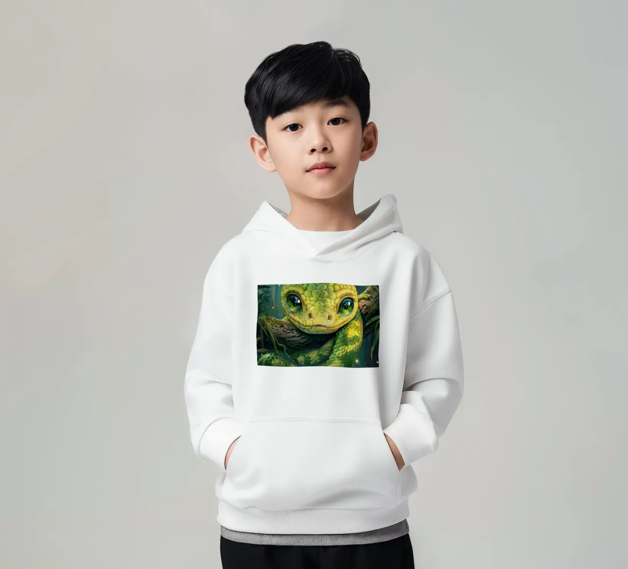 Whimsical green snake resting on a branch kids hoodie by DesignDoodle