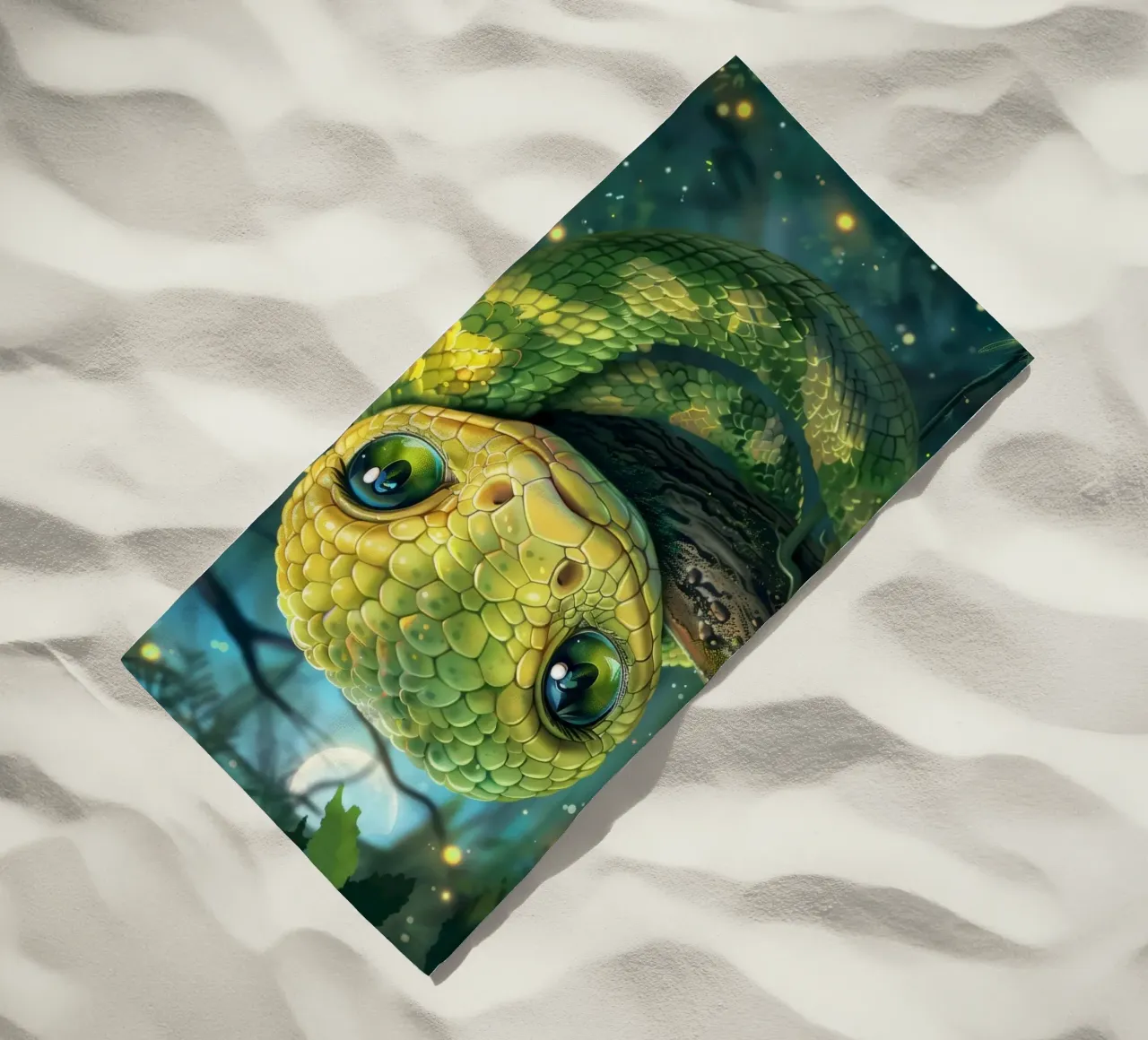 Whimsical green snake resting on a branch beach towel by DesignDoodle