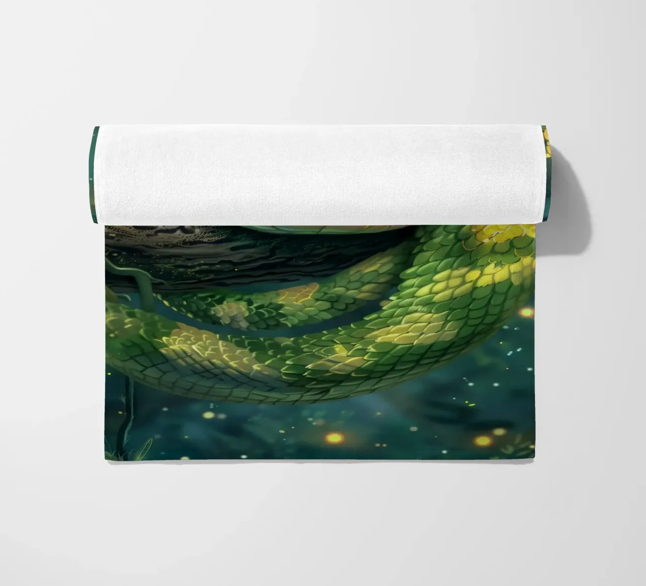 Whimsical green snake resting on a branch beach towel by DesignDoodle