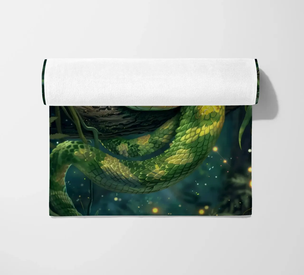 Whimsical green snake resting on a branch beach towel by DesignDoodle