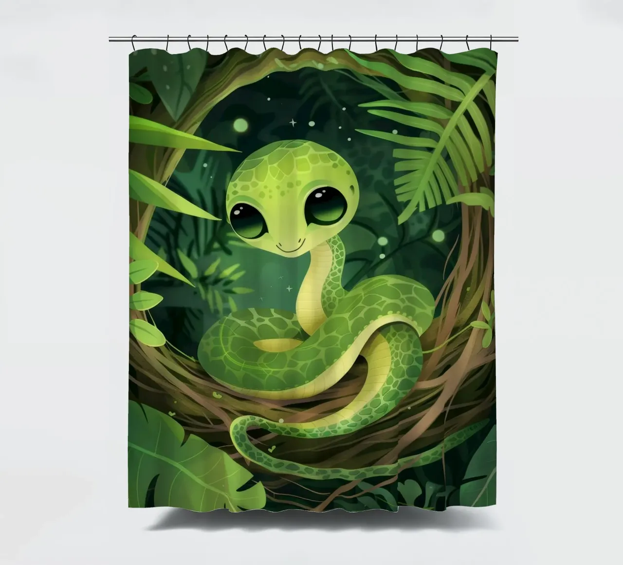 Giovane cucciolo di serpente che sorride nella notte della foresta tenda da doccia da DesignDoodle