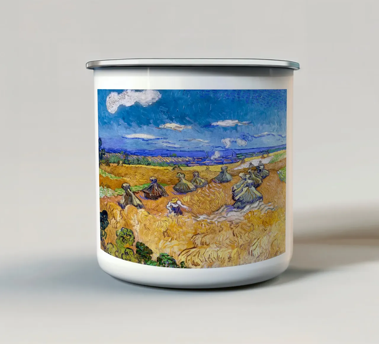 Campi di grano con mietitore Auvers 1888 tazza in smalto da ValerieArt