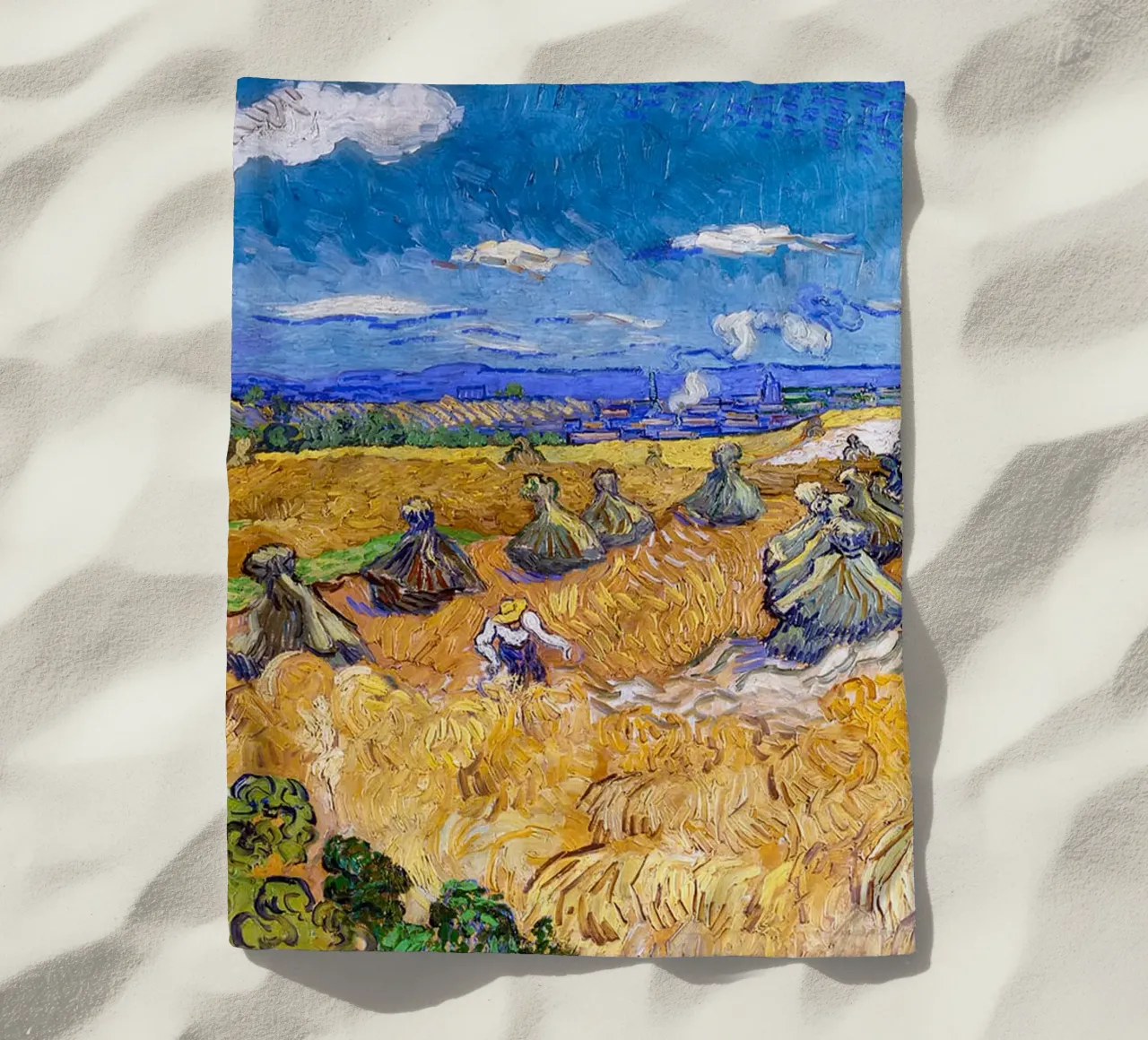 Wheat Fields with Reaper Auvers 1888 beach towel by ValerieArt