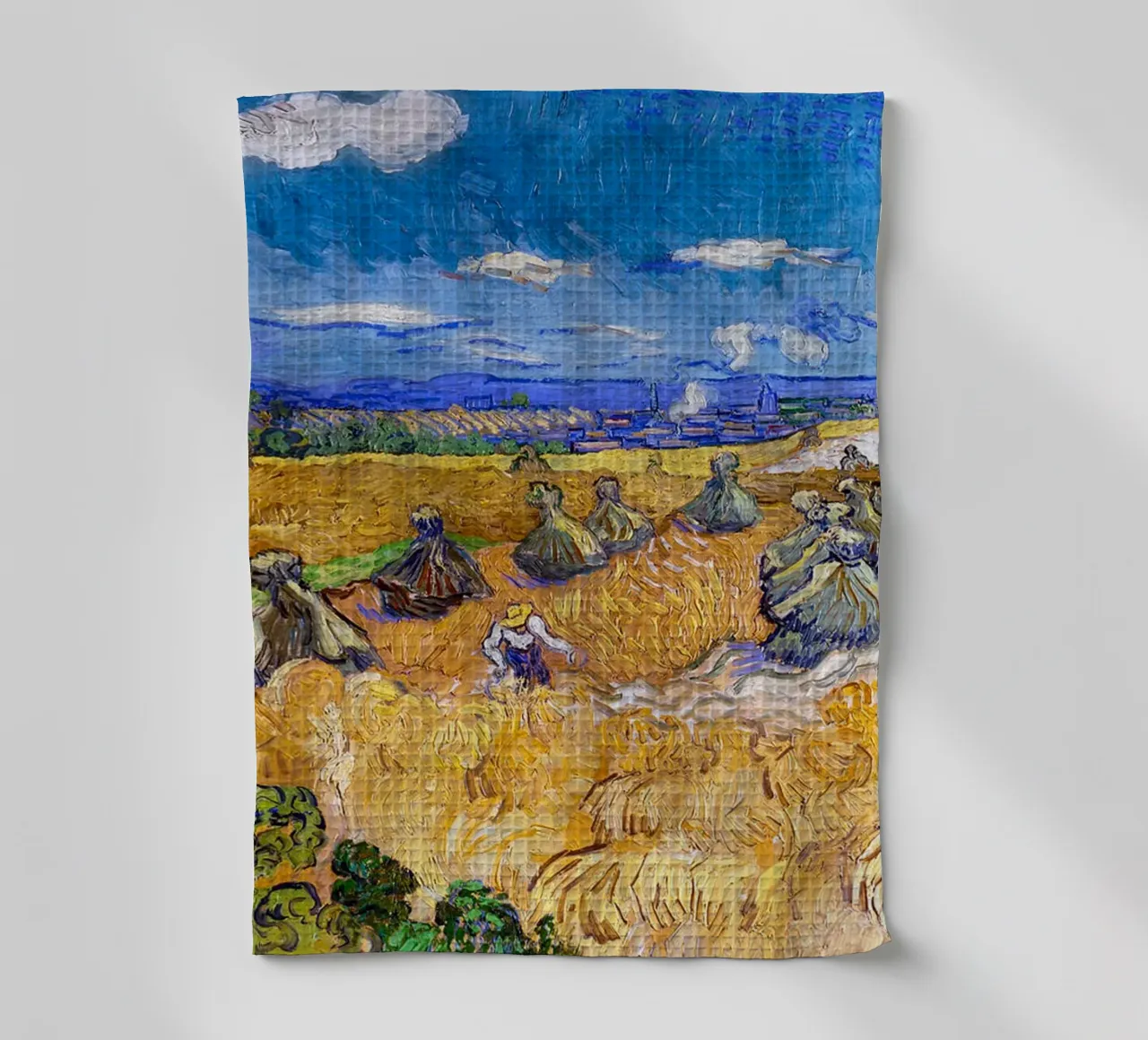 Wheat Fields with Reaper Auvers 1888 tea towel by ValerieArt