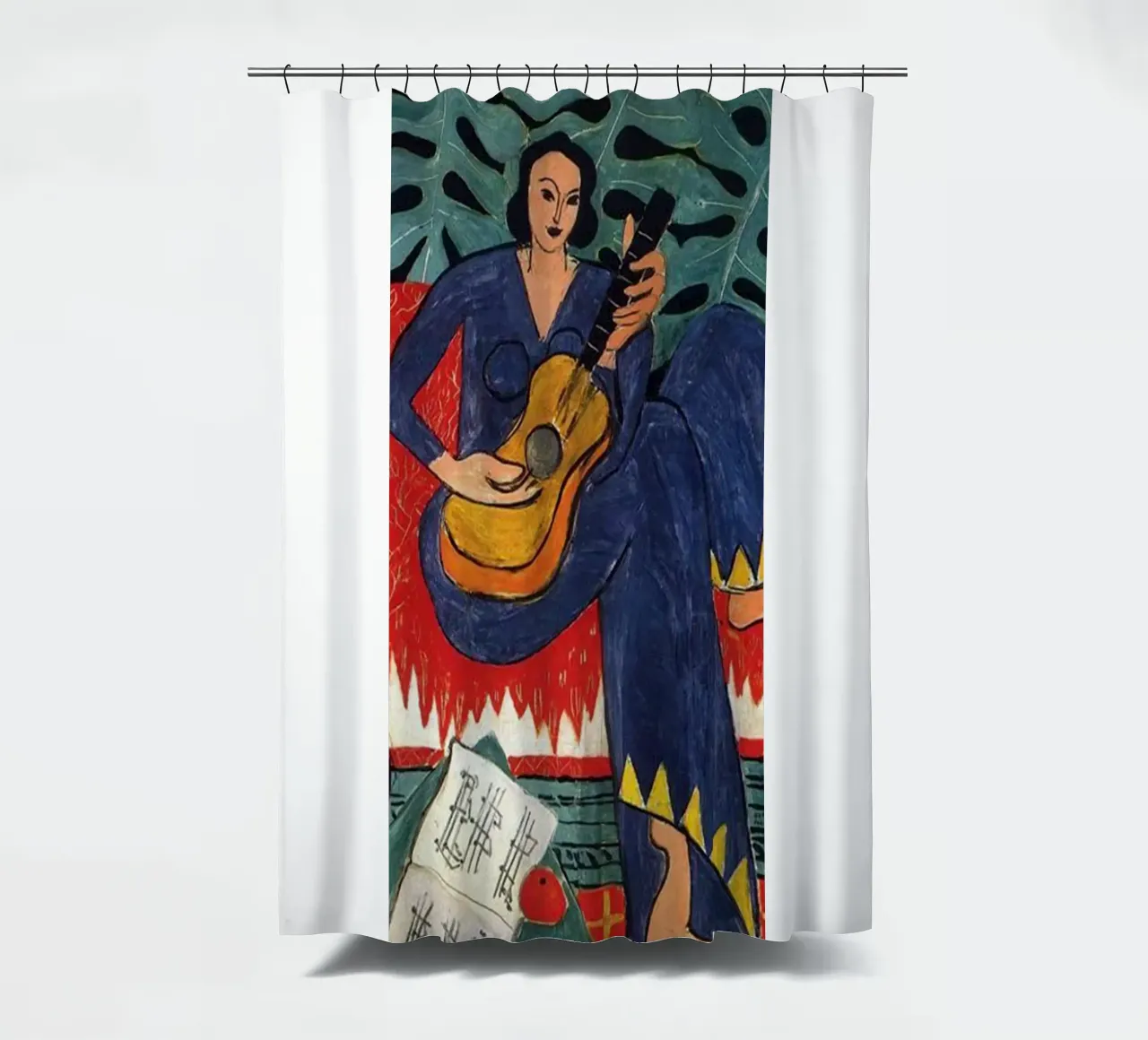 a woman playing guitar shower curtain by sazkia art
