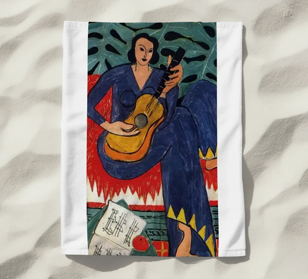 a woman playing guitar beach towel by sazkia art