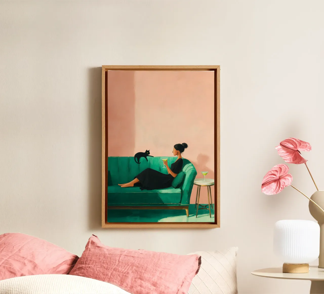 The Martini & the Cat I canvas met Baklijst van Clara August