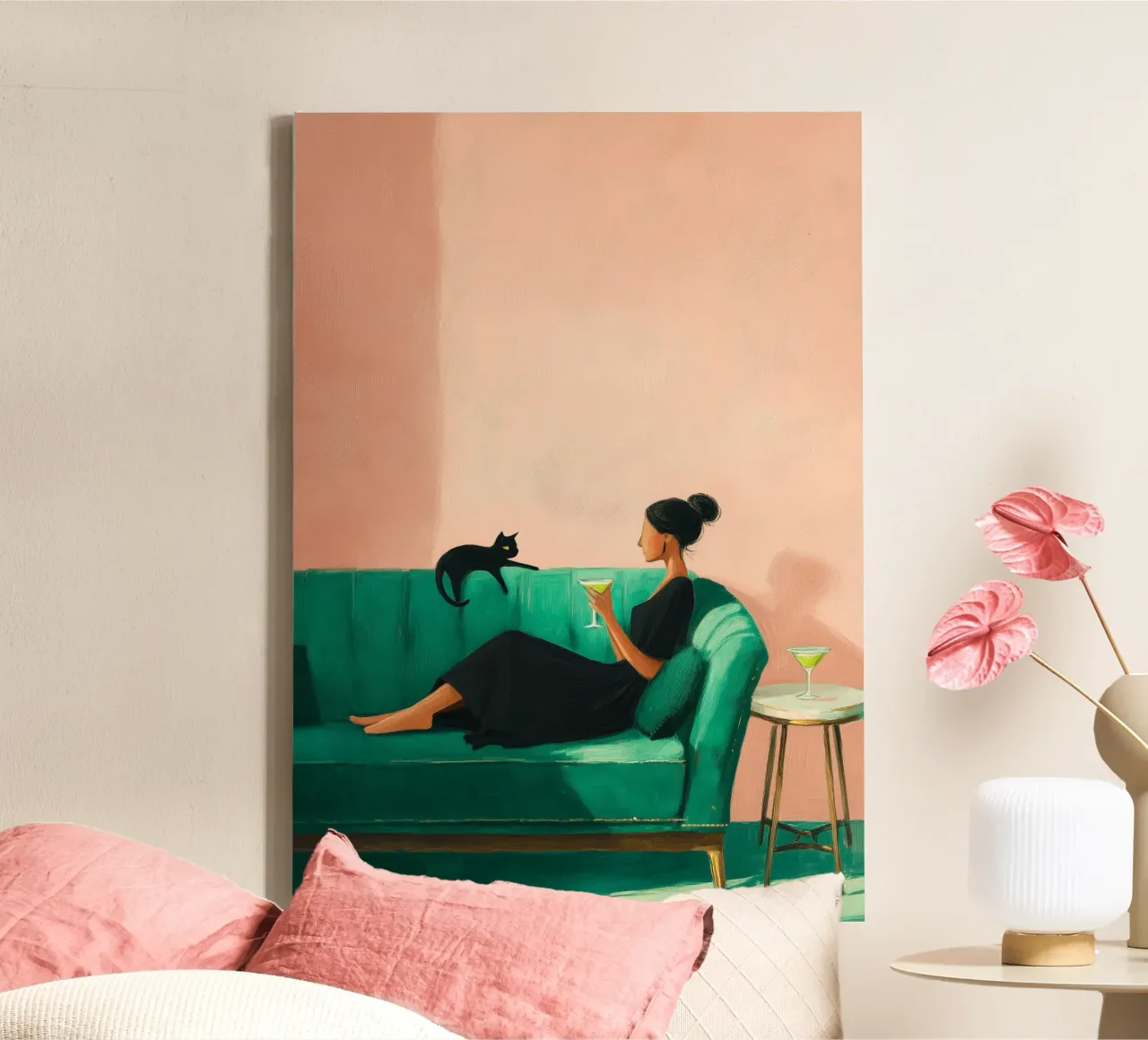 The Martini & the Cat I canvas met Baklijst van Clara August