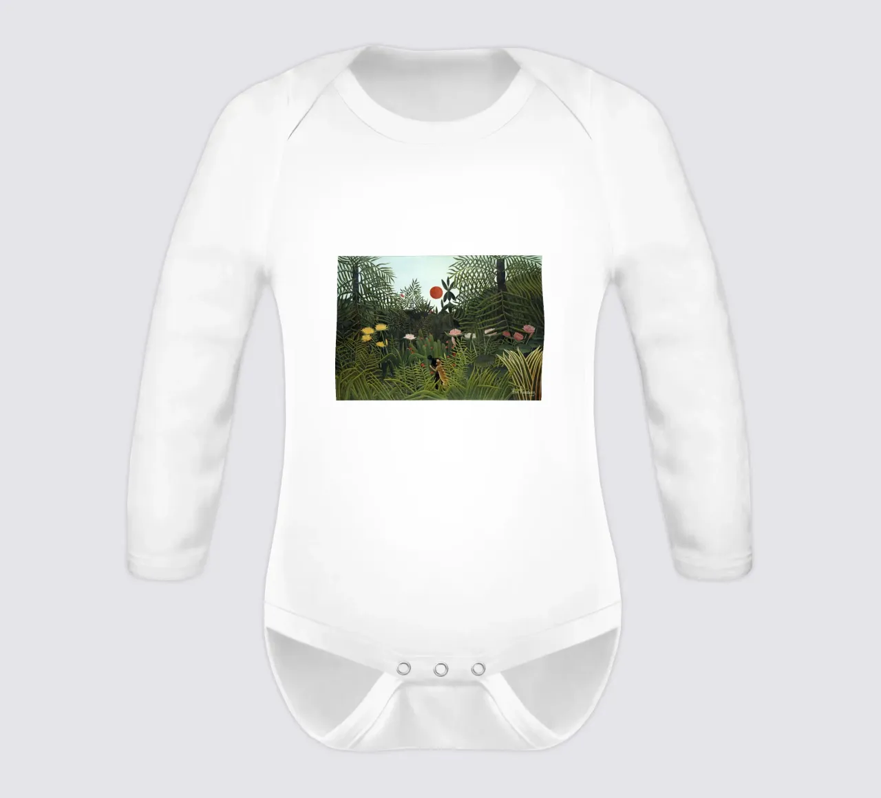 Virgin Forest with Sunset (1910) by Henri Rousseau long-sleeve baby romper by Classic Art Prints