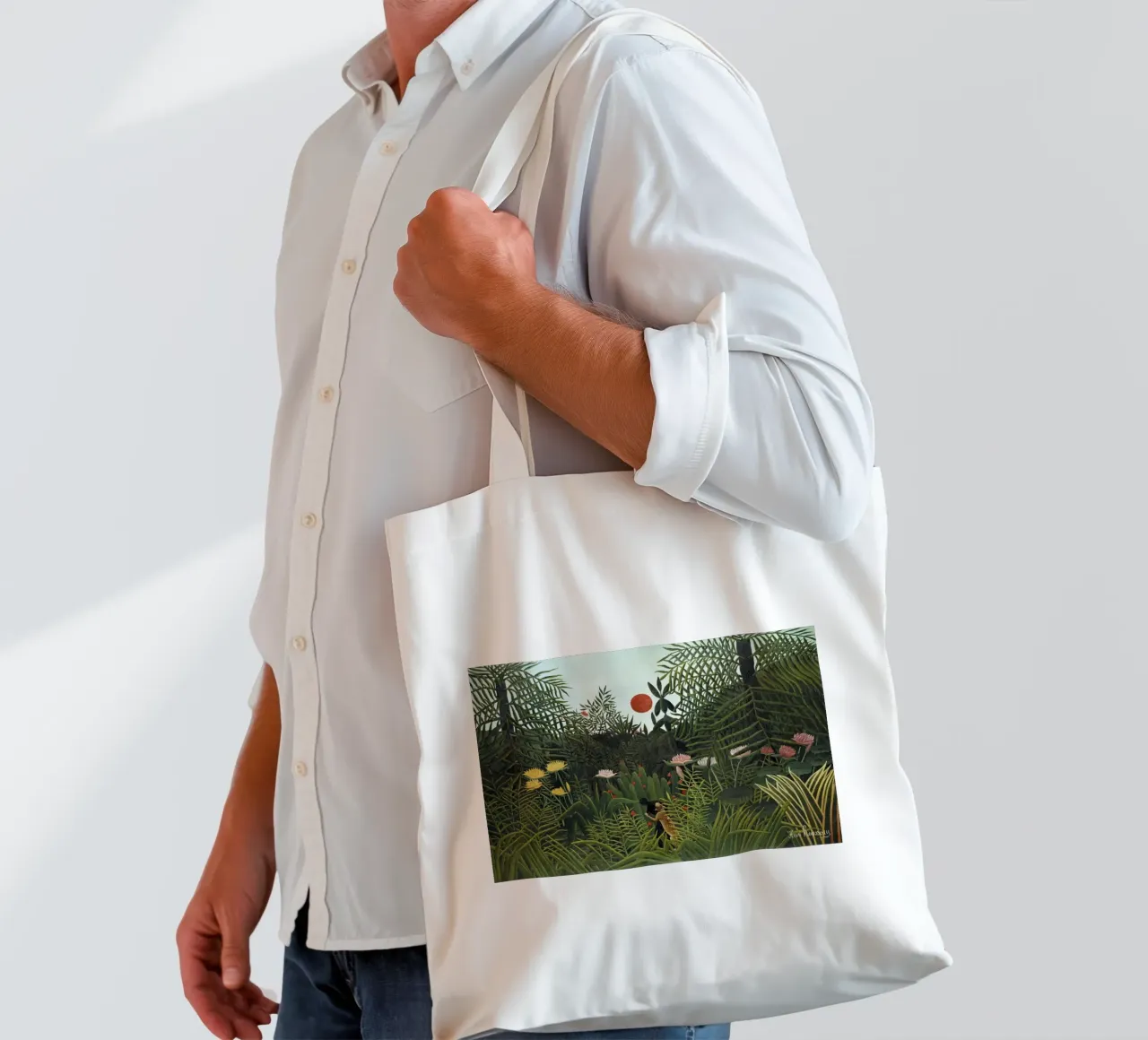 Foresta vergine con tramonto (1910) di Henri Rousseau borsa in juta da Classic Art Prints