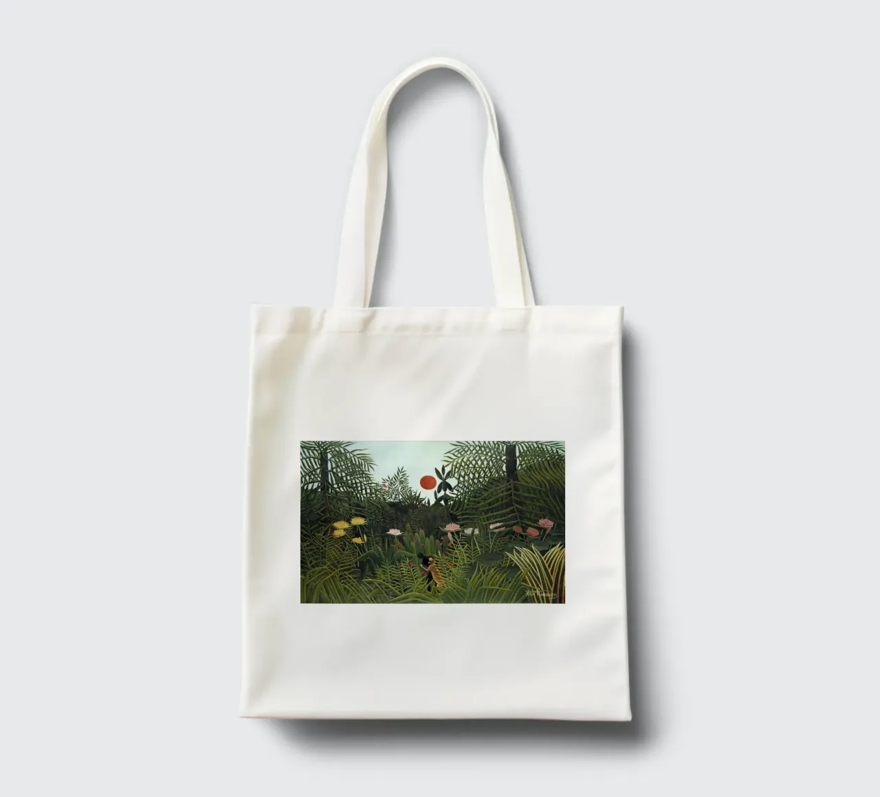 Foresta vergine con tramonto (1910) di Henri Rousseau borsa in juta da Classic Art Prints
