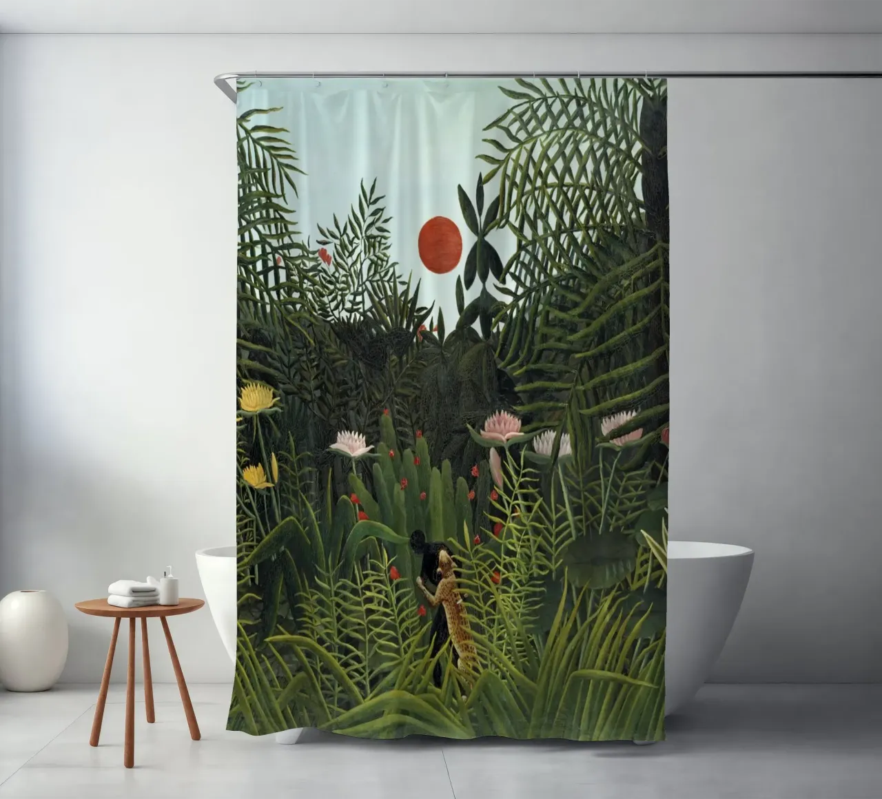 Foresta vergine con tramonto (1910) di Henri Rousseau tenda da doccia da Classic Art Prints