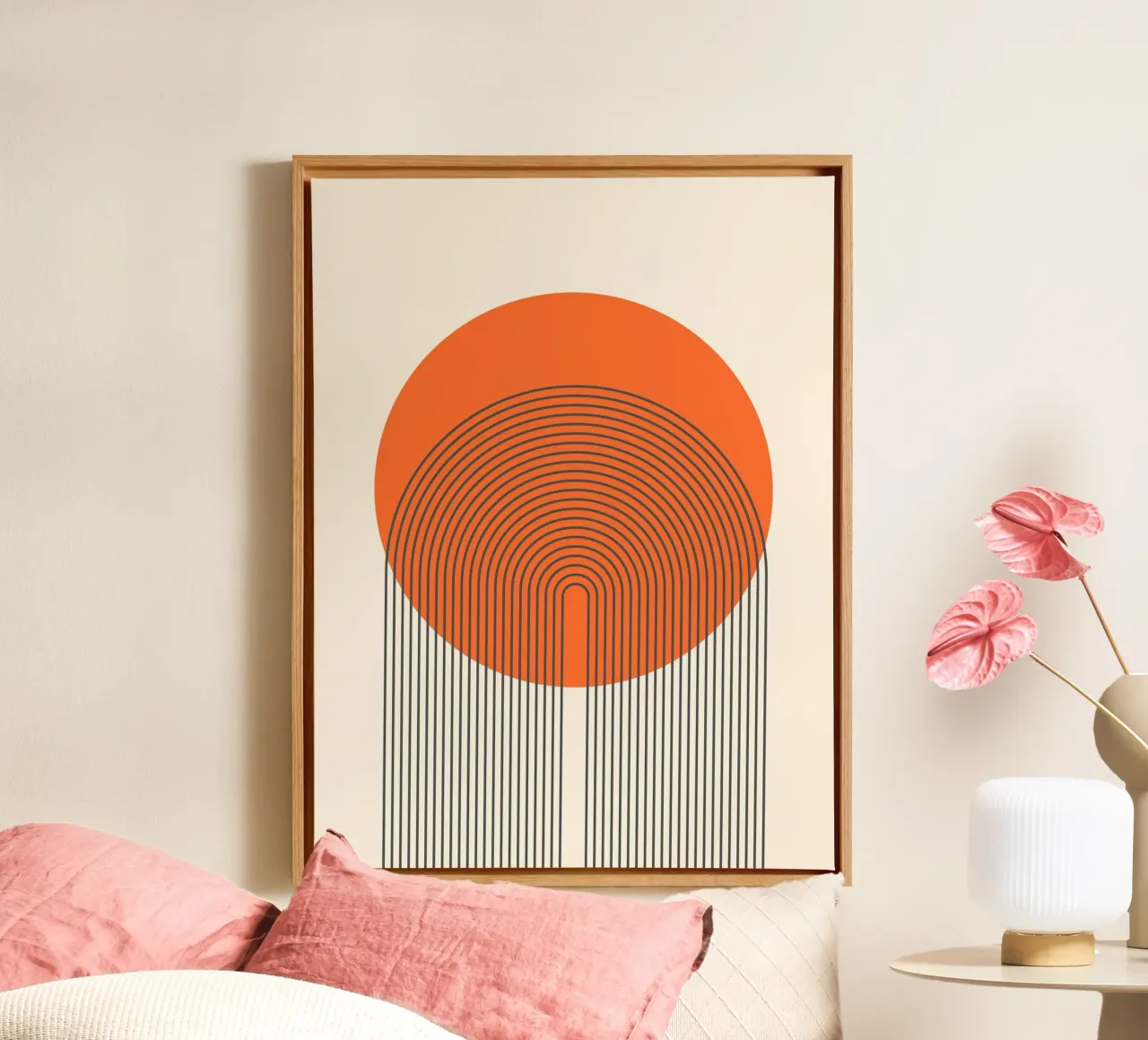 Retro lijnen van zonsopgang - Abstract wandontwerp canvas met Baklijst van Studio Vibe