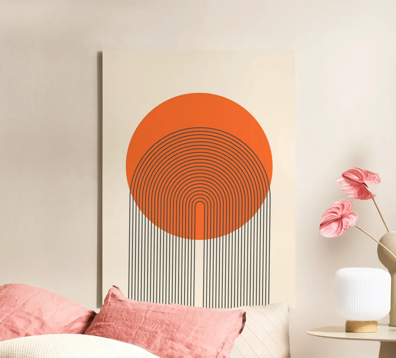 Retro lijnen van zonsopgang - Abstract wandontwerp canvas met Baklijst van Studio Vibe