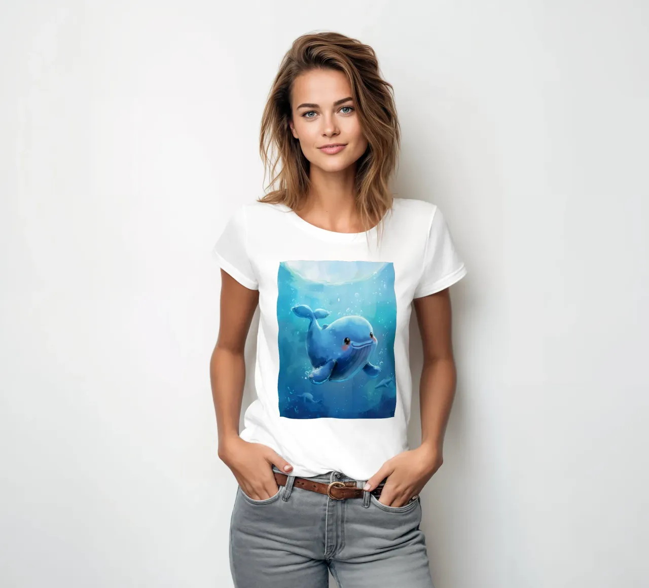 Charming blue whale swimming playfully in a bright underwate women's fitted t-shirt by DesignDoodle