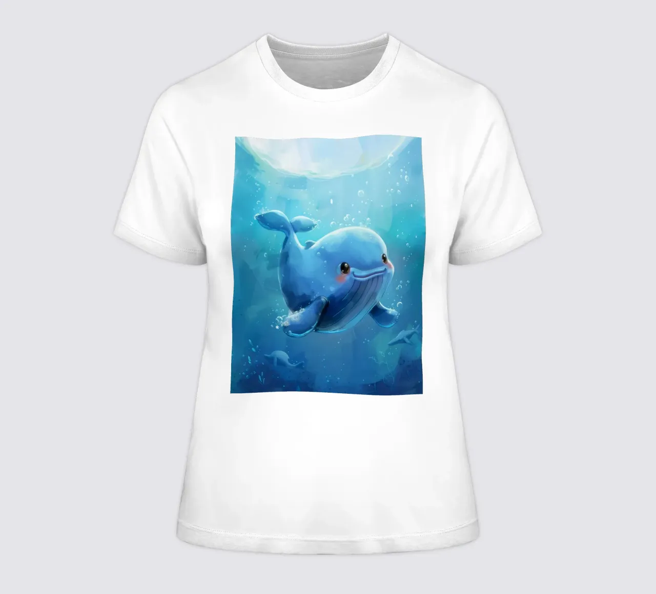 Charming blue whale swimming playfully in a bright underwate women's fitted t-shirt by DesignDoodle