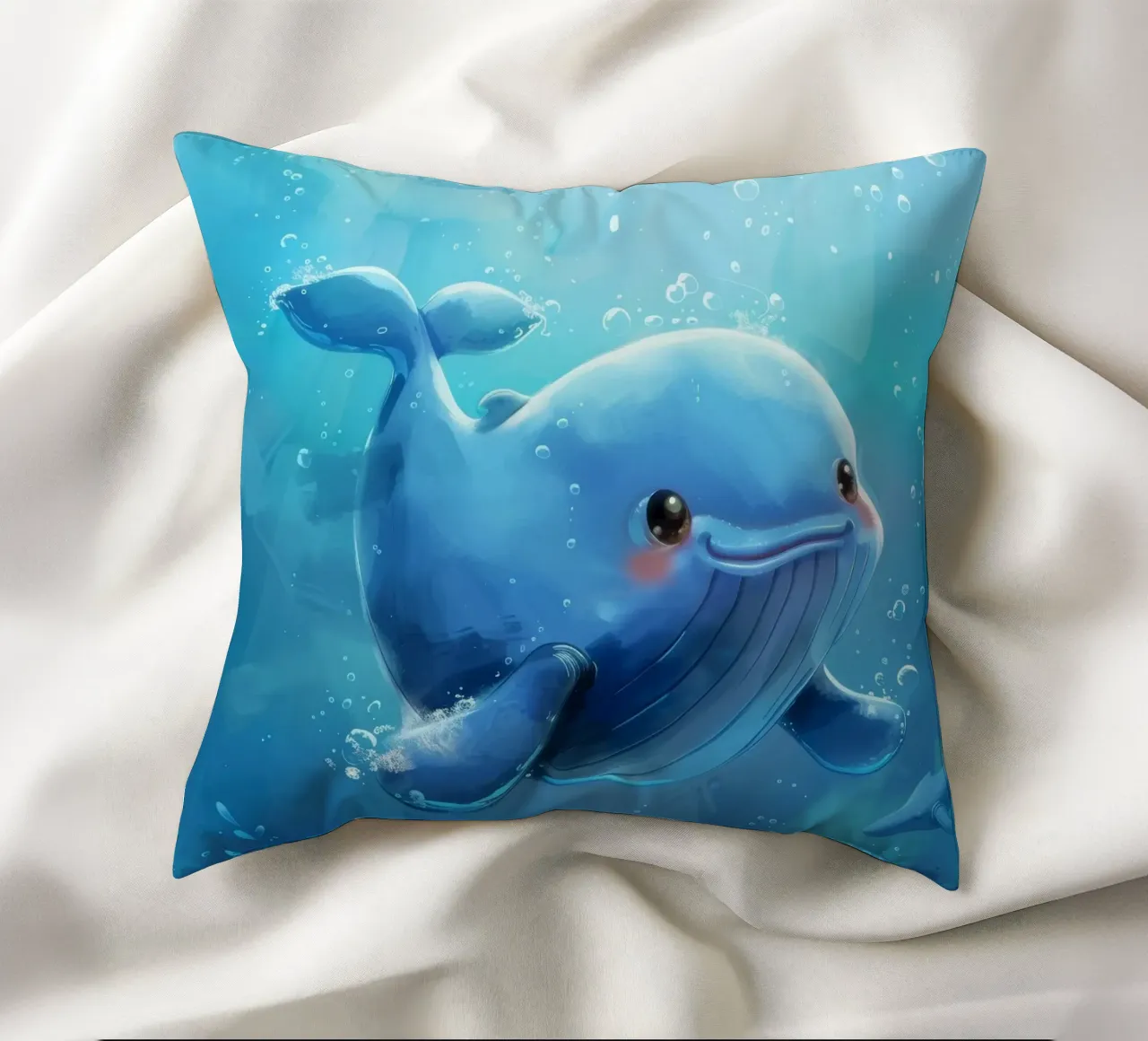 Affascinante balenottera azzurra che nuota giocosamente in un luminoso sottofondo cuscino da DesignDoodle