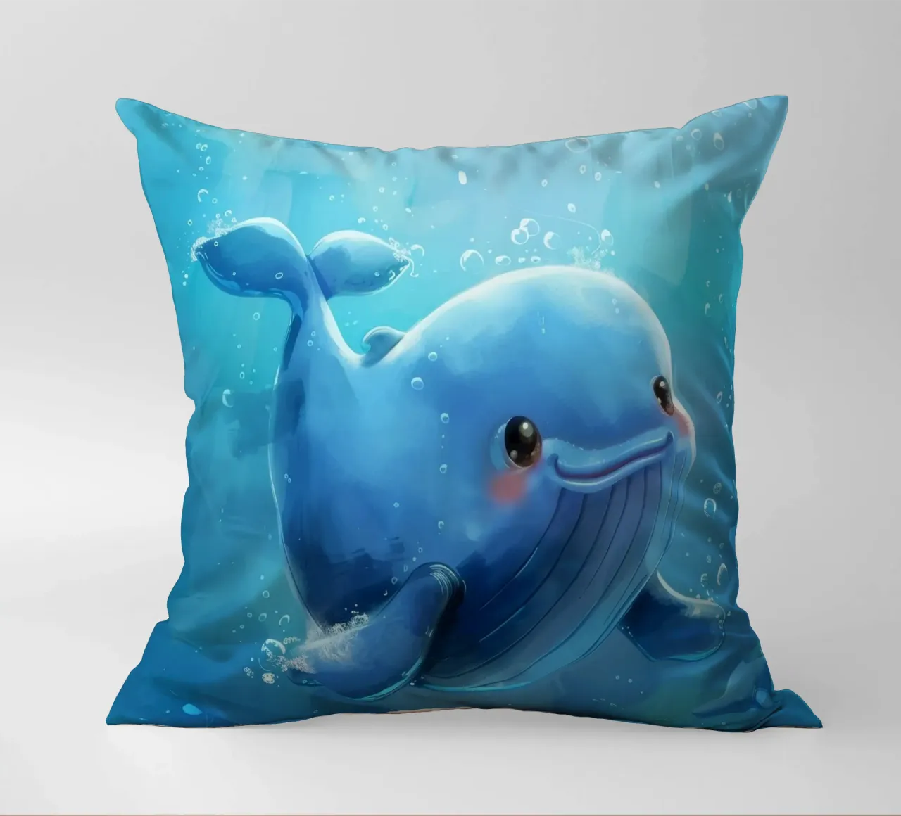 Affascinante balenottera azzurra che nuota giocosamente in un luminoso sottofondo cuscino da DesignDoodle