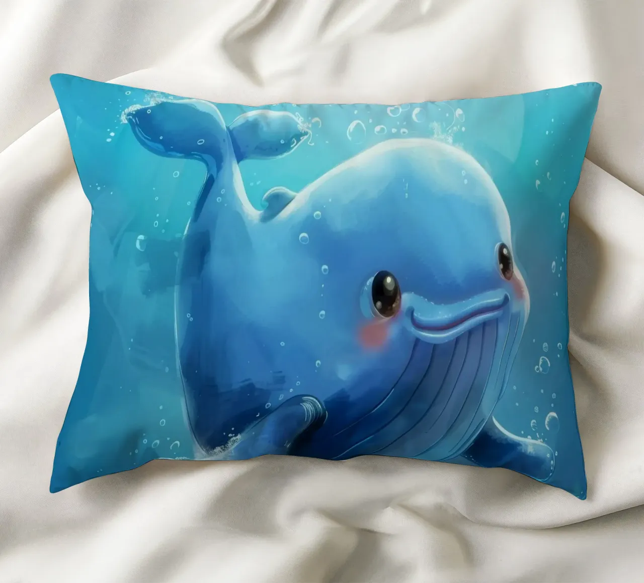 Affascinante balenottera azzurra che nuota giocosamente in un luminoso sottofondo cuscino da DesignDoodle
